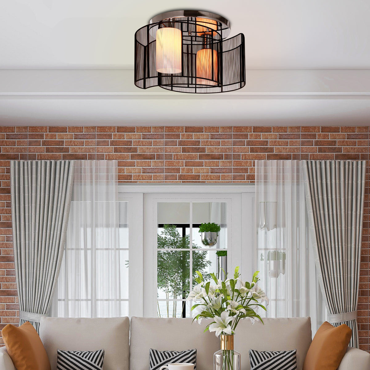 Modern Chandelier, Semi-Flush Mount Ceiling Light with Glass Lampshade, 2 x E27 Bulb Base for Hallway, Dining Room, Living Room, White and Black