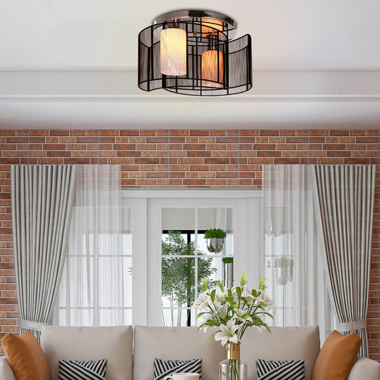 Modern Chandelier, Semi-Flush Mount Ceiling Light with Glass Lampshade, 2 x E27 Bulb Base for Hallway, Dining Room, Living Room, White and Black