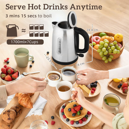 Kettle and Toaster Set, 1.7L 3000W Rapid Boil Jug Kettle with Otter Thermostat, Limescale Filter, 4 Slice Toaster with 7 Browning Controls, Crumb Tray, LED Strip, Silver Tone