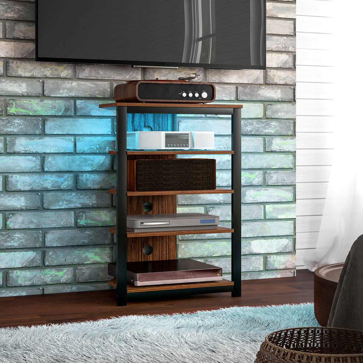4-Tier Corner TV Stand with Storage, LED Lights, Cable Management, Small Entertainment Centre for TVs up to 29", for Living Room, Bedroom, Brown Wood Effect