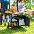 Outsunny Outdoor BBQ Trolley with Foldable Side Table, Stainless Steel Top, Outdoor Kitchen with Wheels Hooks Shelves Cabinet, Pizza Oven Table Movable Barbecue Grill Dining Cart with Cover, Black