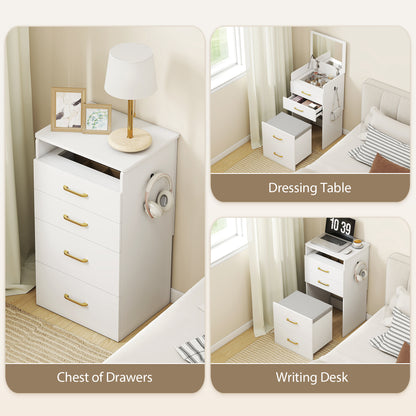 Compact Dressing Table and Stool Set, with Storage - White