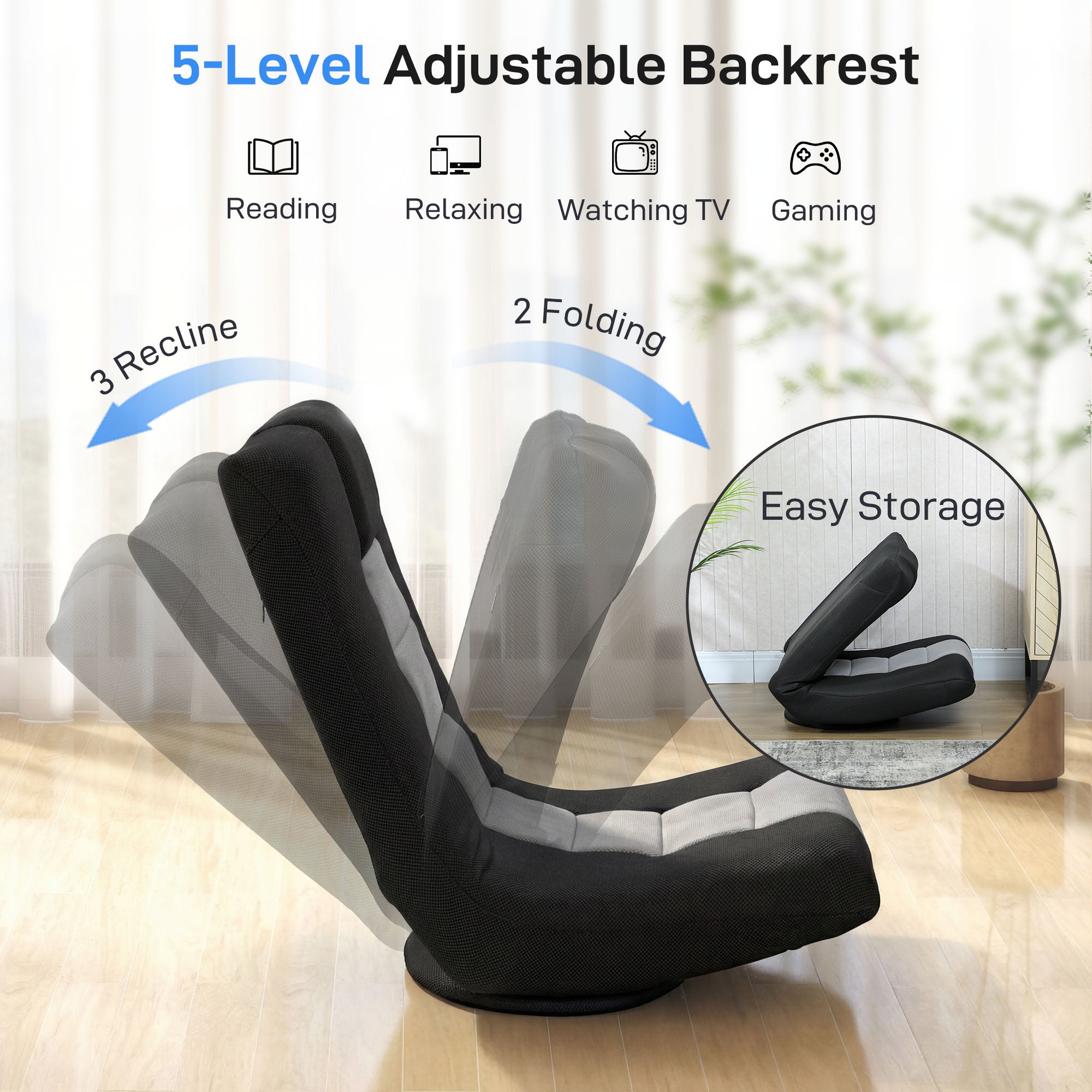 HOMCOM Floor Chair, Folding Floor Sofa with Adjustable Backrest, Wide Seat, Swivel Base, Black